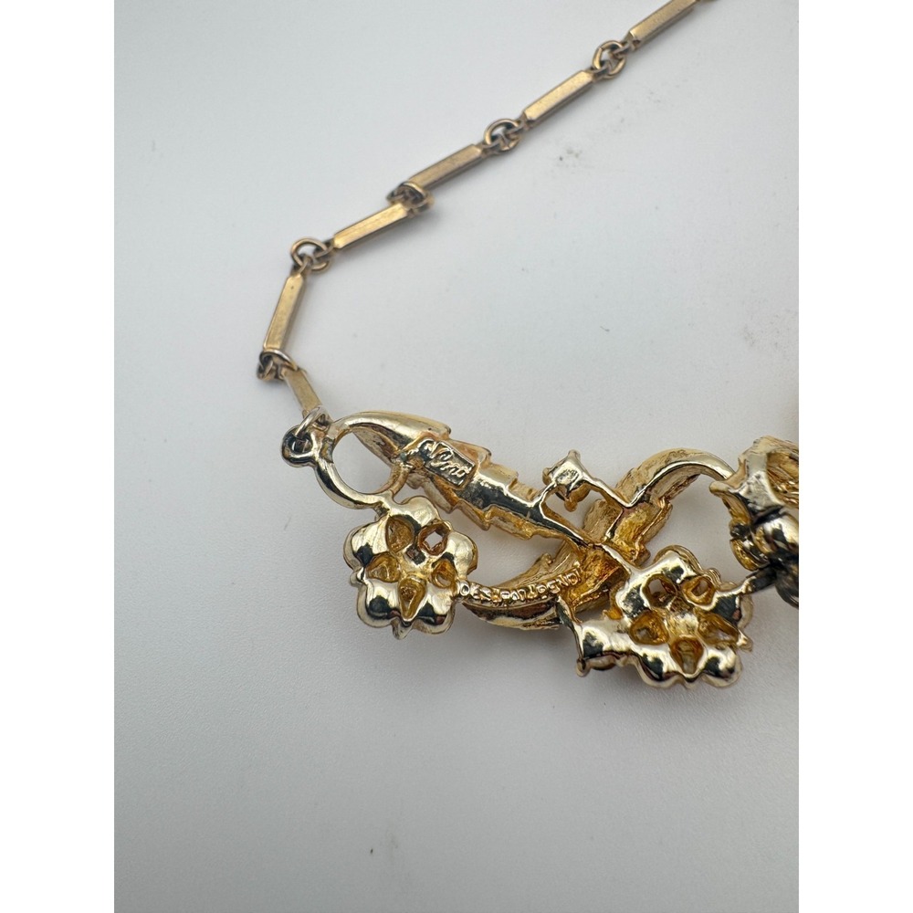 Vintage Coro Necklace Gold Tone Orange Rhinestone Flower Leaf Bib - Picture 9 of 11